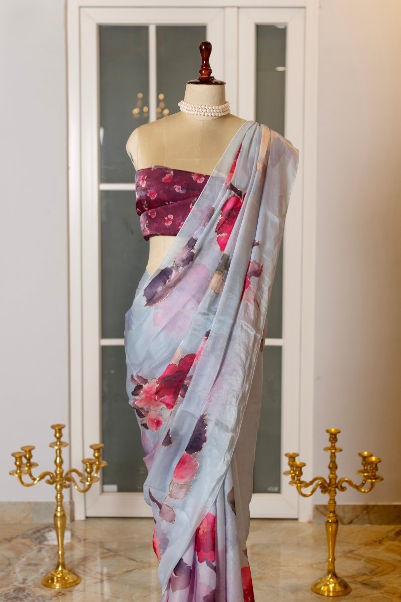 SOOT RAAG GREY PAINTED GARDEN ORGANZA SAREE WITH BLOUSE PIECE - Pomcha Jaipur