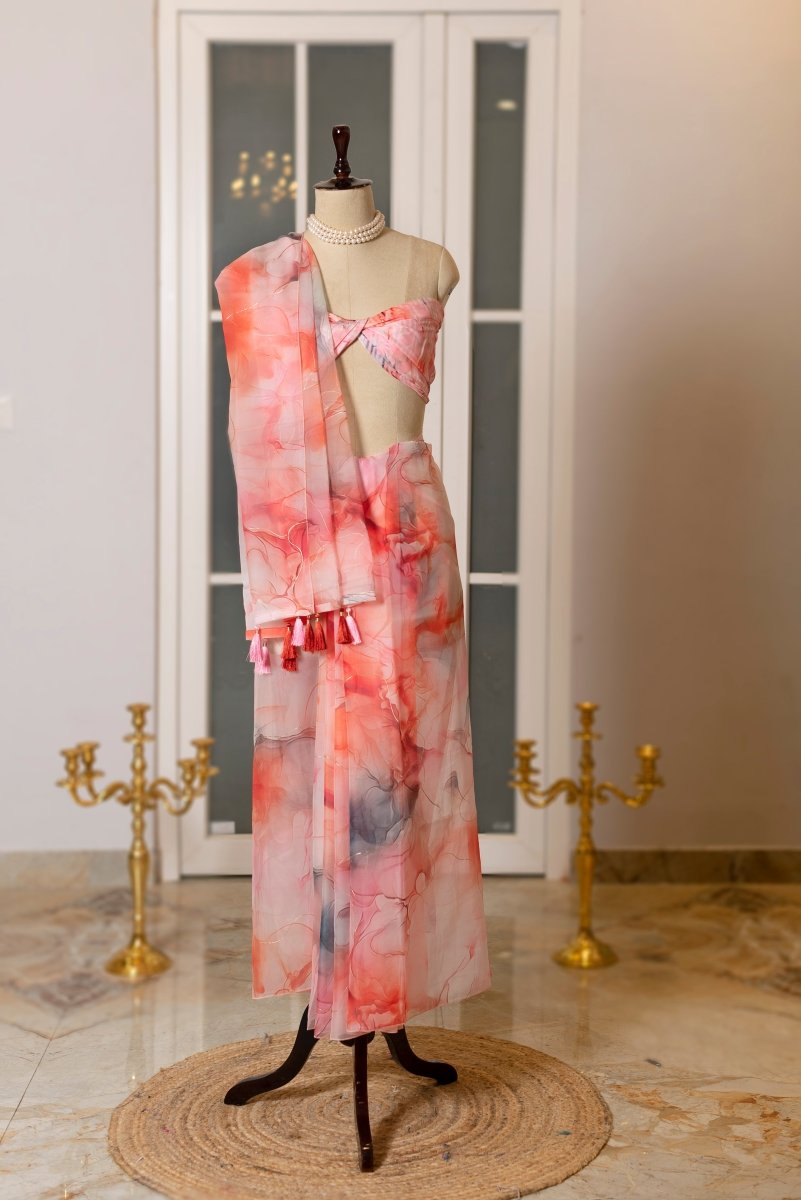 SOOT RAAG GULAABI MULTICOLOR ORGANZA SAREE WITH ORGANZA BLOUSE - Pomcha Jaipur