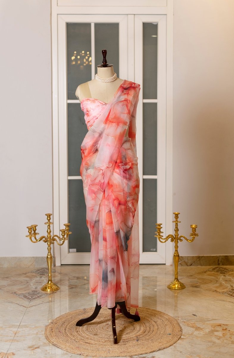 SOOT RAAG GULAABI MULTICOLOR ORGANZA SAREE WITH ORGANZA BLOUSE - Pomcha Jaipur