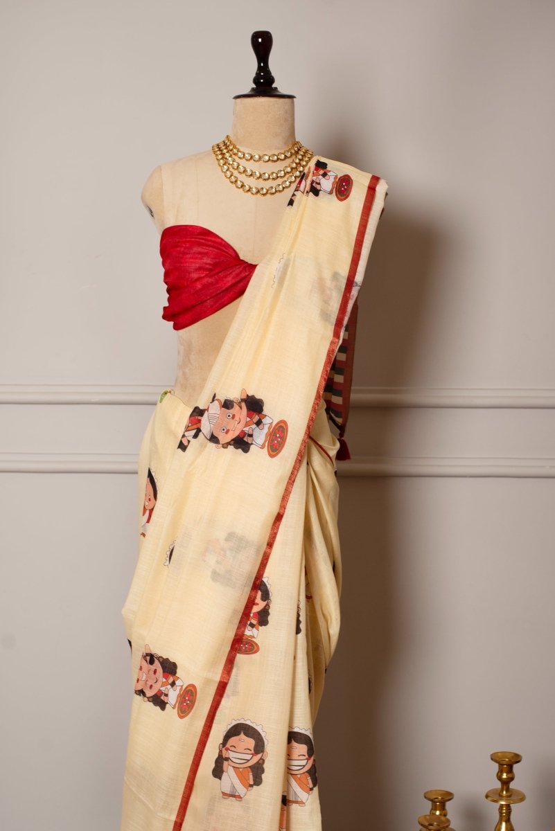SOOT RAAG LIGHT YELLOW GIRL PRINTED LINEN SAREE WITH RED LINEN BLOUSE PIECE - Pomcha Jaipur
