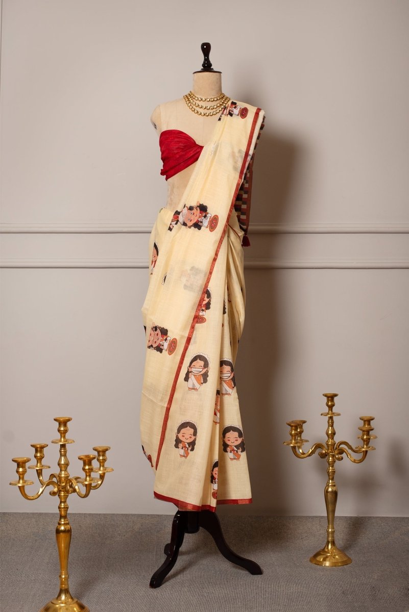 SOOT RAAG LIGHT YELLOW GIRL PRINTED LINEN SAREE WITH RED LINEN BLOUSE PIECE - Pomcha Jaipur