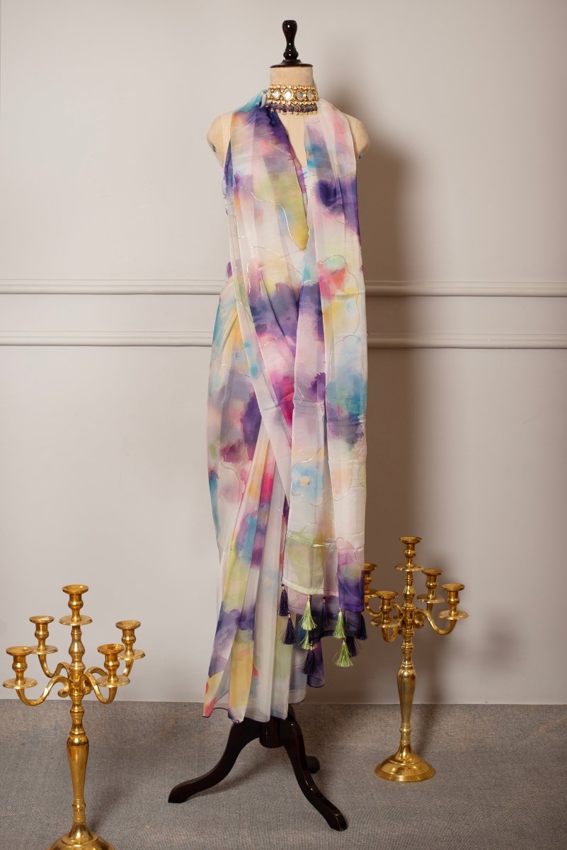 SOOT RAAG MEERA MULTICOLOR ORGANZA SAREE WITH CREPE GEORGETTE BLOUSE - Pomcha Jaipur