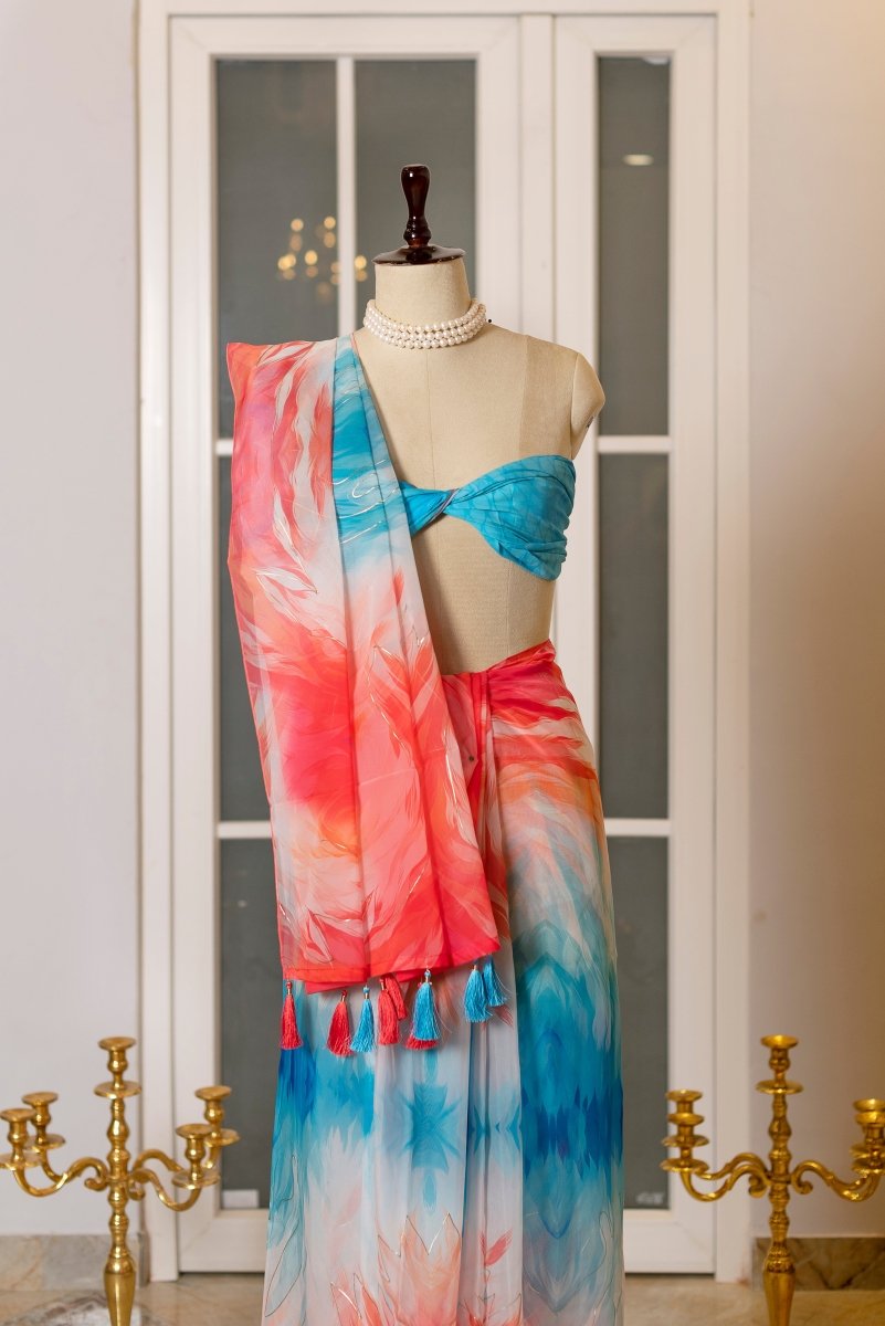 SOOT RAAG MULTICOLOR ABSTRACT PRINT ORGANZA SAREE WITH BLOUSE PIECE - Pomcha Jaipur