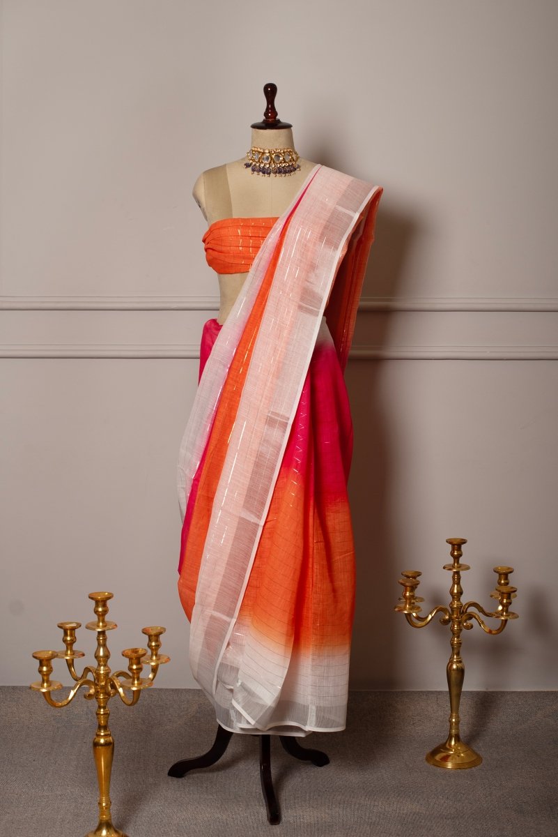 SOOT RAAG ORANGE SHADE SLIVER DAAGA LINEN SAREE WITH LINEN BLOUSE PIECE - Pomcha Jaipur