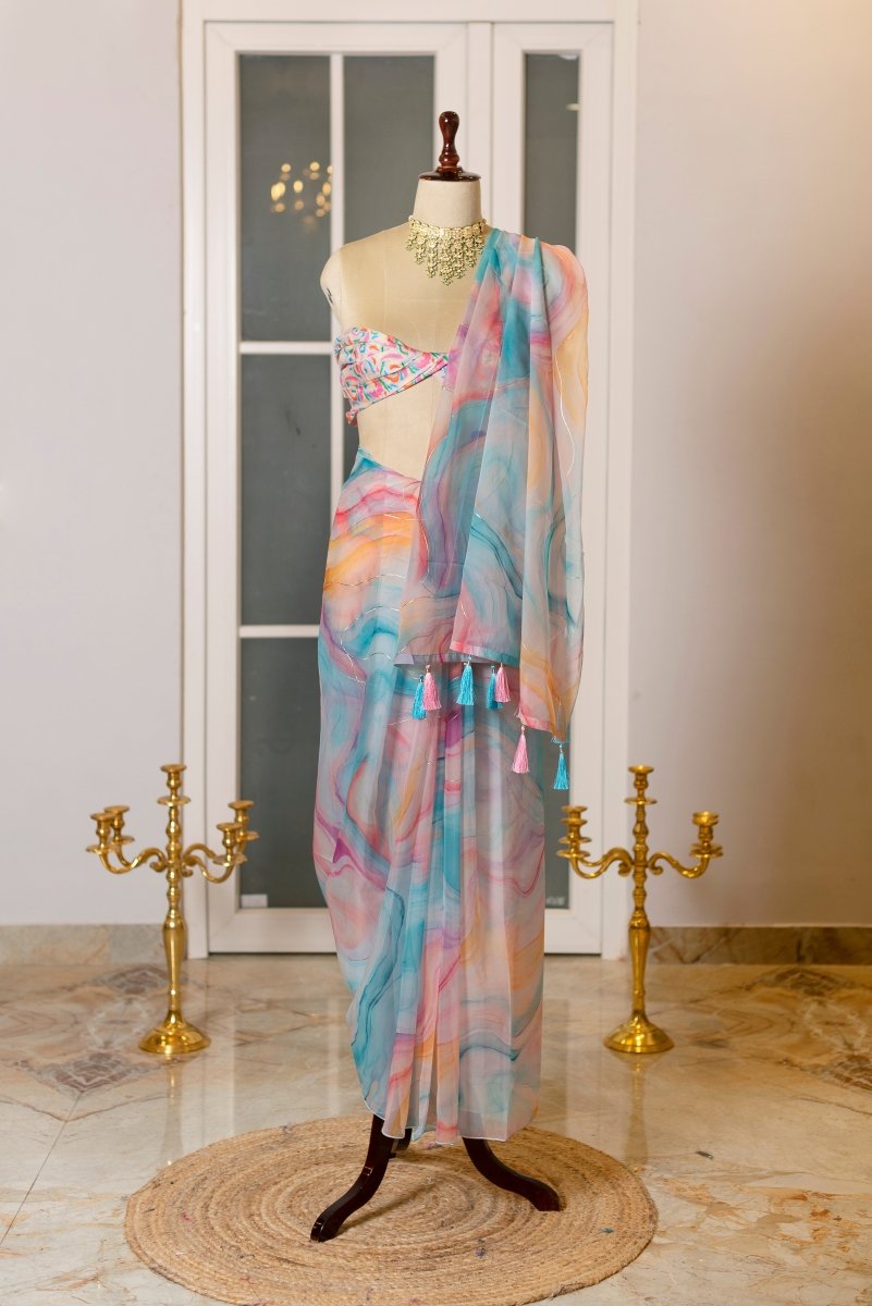 SOOT RAAG ORGANZA UNICORN SHADE SAREE WITH ORGANZA BLOUSE PIECE - Pomcha Jaipur