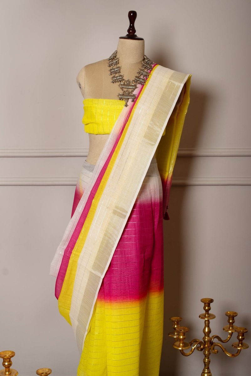 SOOT RAAG PINK YELLOW TONE SILVER DAAGA LINEN SAREE WITH LINEN BLOUSE PIECE - Pomcha Jaipur