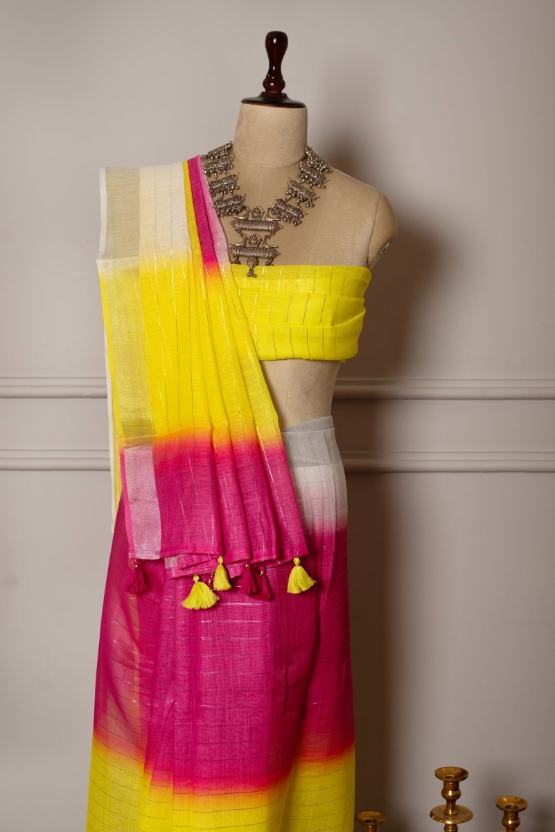 SOOT RAAG PINK YELLOW TONE SILVER DAAGA LINEN SAREE WITH LINEN BLOUSE PIECE - Pomcha Jaipur