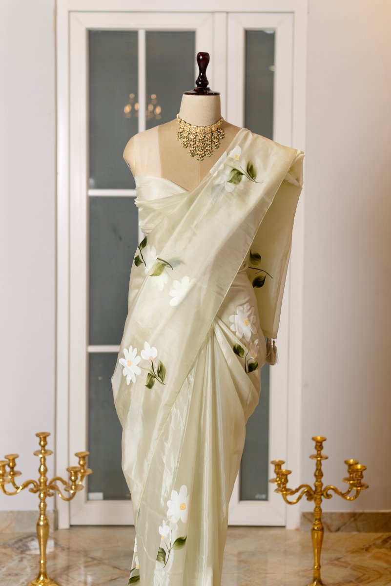 SOOT RAAG PISTAL GREEN ORGANZA FLORAL PAINTED SAREE WITH BLOUSE PIECE - Pomcha Jaipur