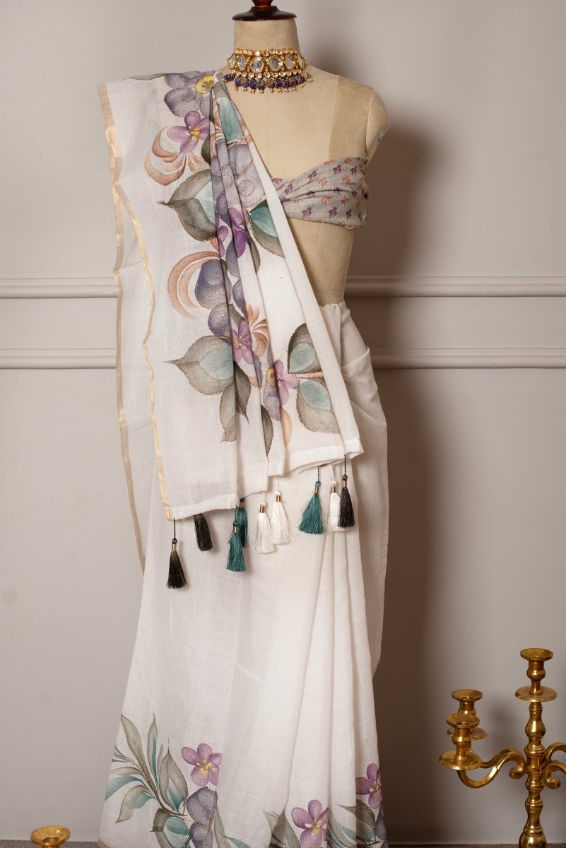SOOT RAAG RAAT RAANI FLORAL HAND PAINTED ZARI THREAD WORK LINEN SAREE WITH LINEN BLOUSE PIECE - Pomcha Jaipur