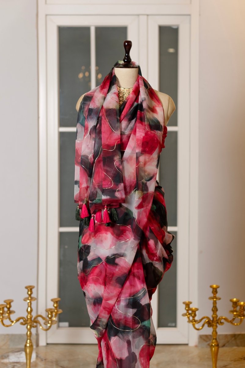 SOOT RAAG RED ABSTRACT FLAME ORGANZA SAREE WITH CREPE GEORGETTE BLOUSE PIECE - Pomcha Jaipur