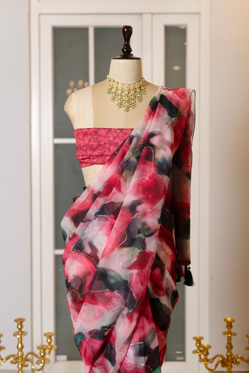 SOOT RAAG RED ABSTRACT FLAME ORGANZA SAREE WITH CREPE GEORGETTE BLOUSE PIECE - Pomcha Jaipur