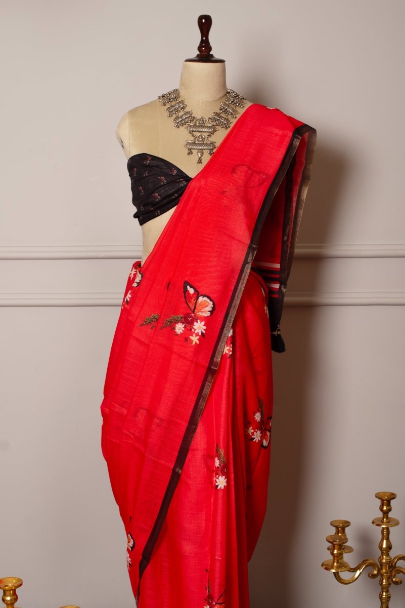 SOOT RAAG RED BUTTERFLY PRINTED LINEN SAREE WITH BLACK LINEN BLOUSE PIECE - Pomcha Jaipur