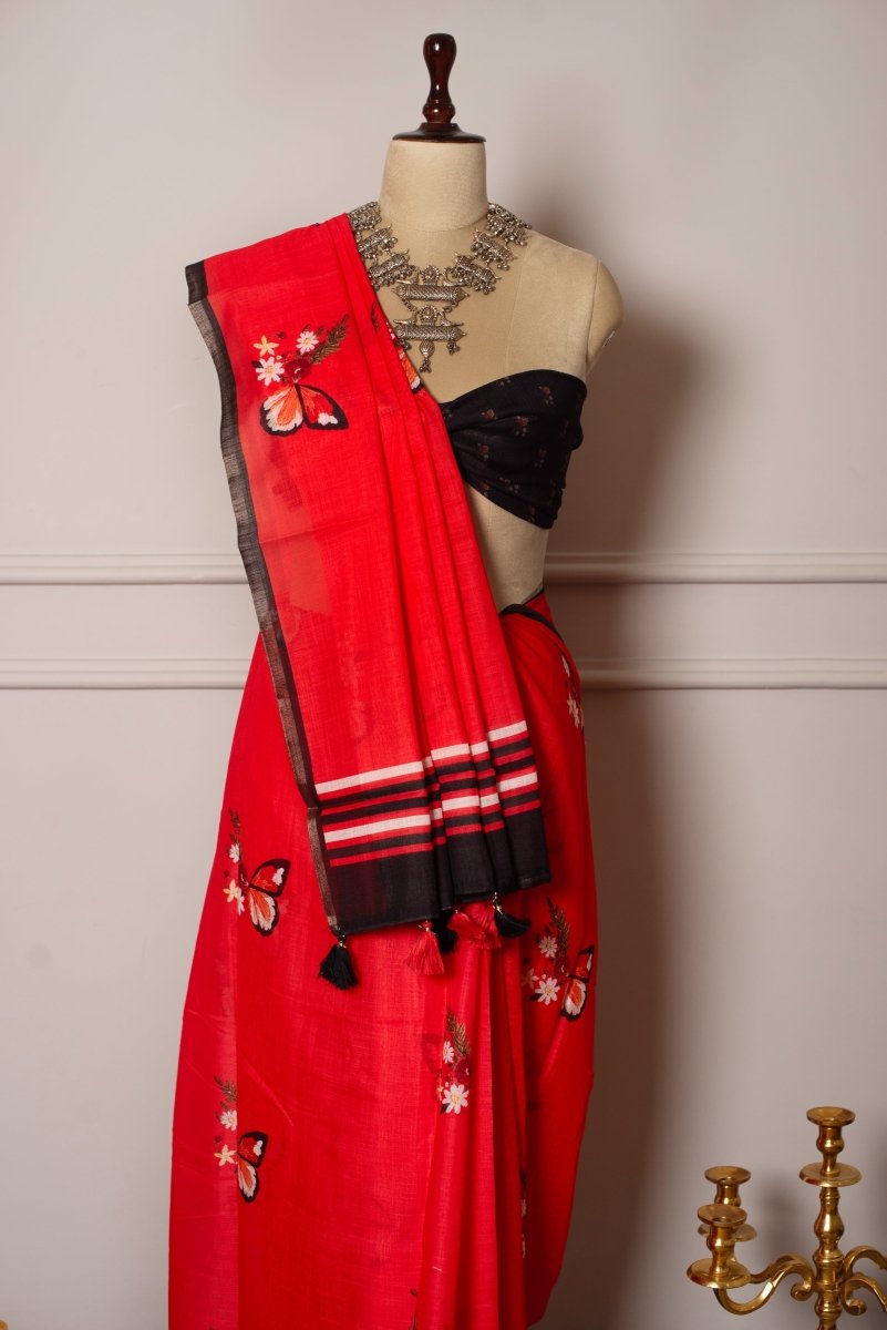 SOOT RAAG RED BUTTERFLY PRINTED LINEN SAREE WITH BLACK LINEN BLOUSE PIECE - Pomcha Jaipur