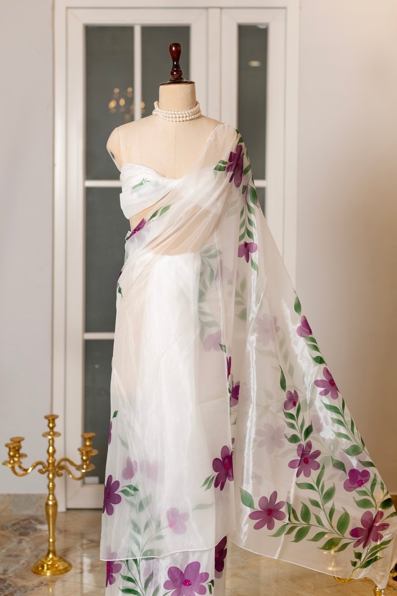 SOOT RAAG SAFED ORGANZA PURPLE FLORAL PRINT SAREE WITH ORGANZA BLOUSE PIECE - Pomcha Jaipur