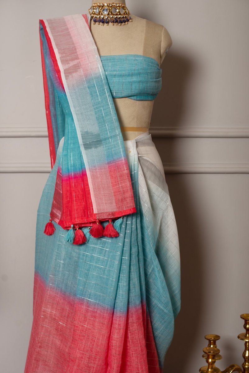 SOOT RAAG SILVER DHAAGA MULTICOLOR LINEN SAREE WITH LINEN BLOUSE PIECE - Pomcha Jaipur