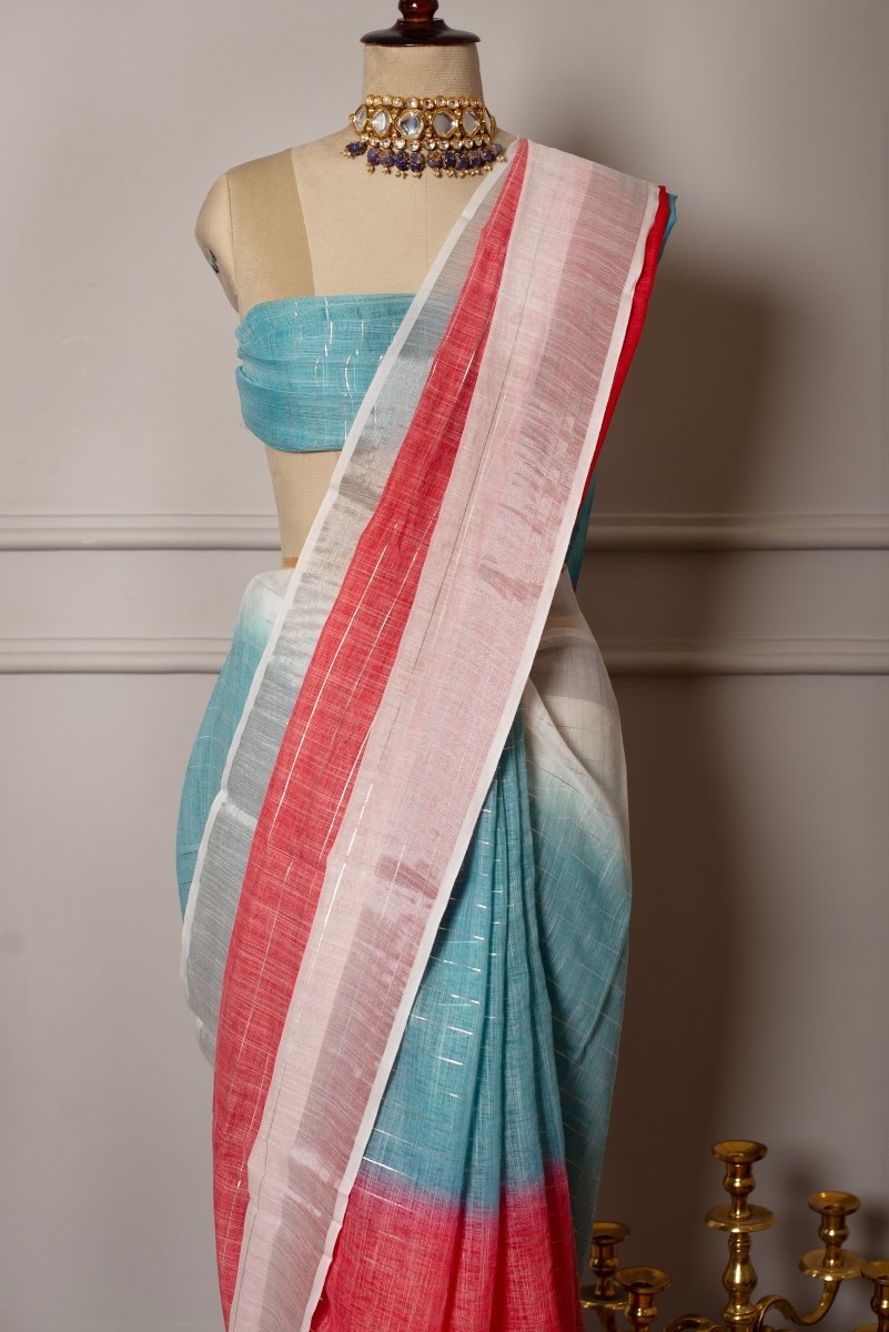SOOT RAAG SILVER DHAAGA MULTICOLOR LINEN SAREE WITH LINEN BLOUSE PIECE - Pomcha Jaipur