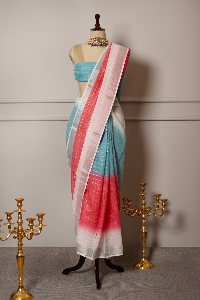 SOOT RAAG SILVER DHAAGA MULTICOLOR LINEN SAREE WITH LINEN BLOUSE PIECE - Pomcha Jaipur