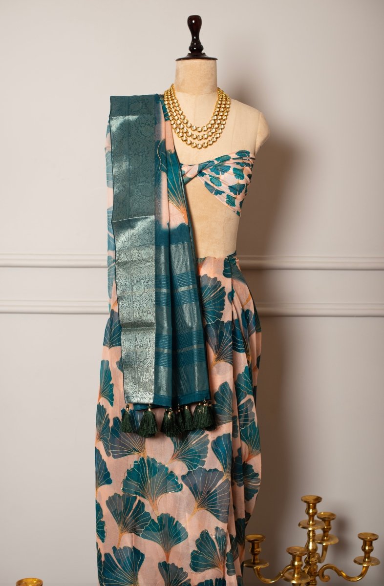 SOOT RAAG SPUN ORGANZA GREEN PRINTED SAREE WITH GREEN BLOUSE PIECE - Pomcha Jaipur