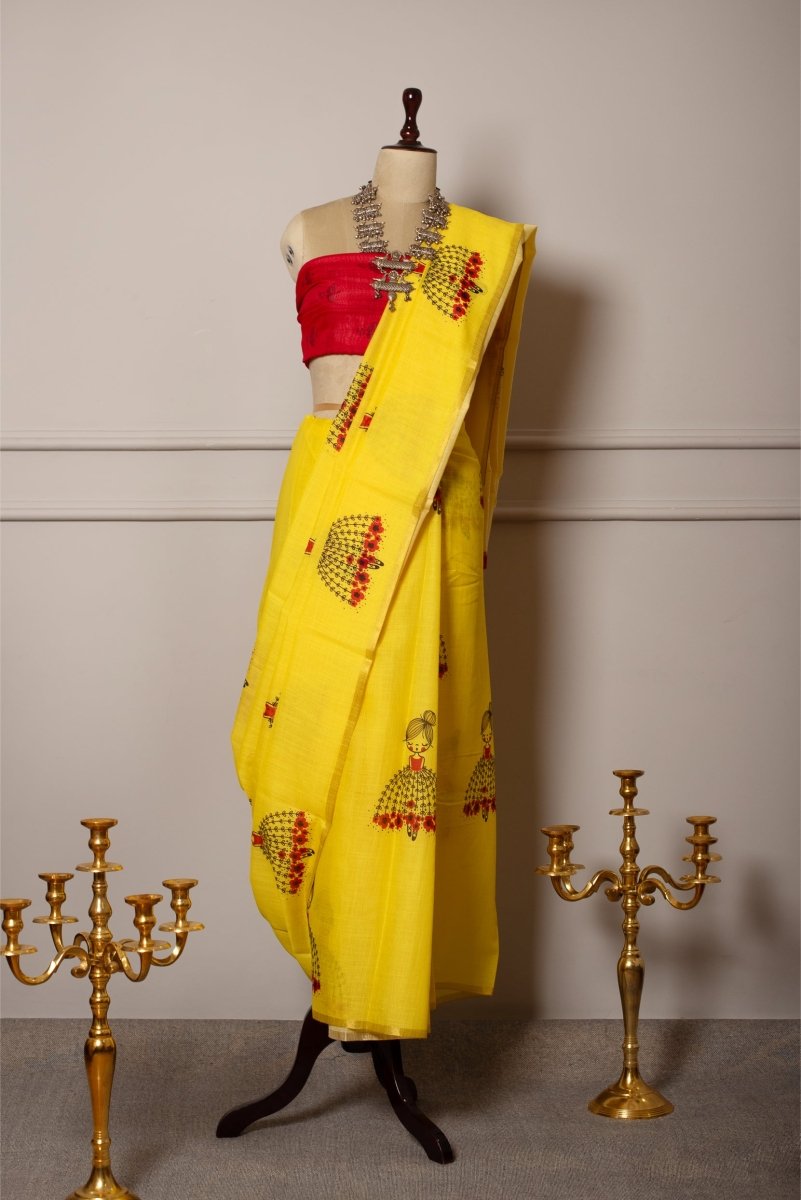 SOOT RAAG YELLOW GIRL PRINT LINEN SAREE WITH RED LINEN BLOUSE PIECE - Pomcha Jaipur