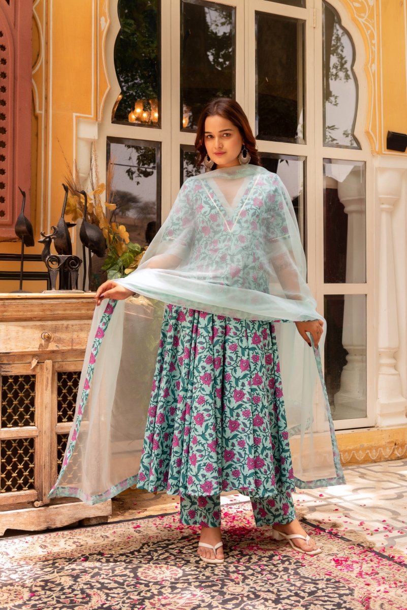 SUHNARI BLUE COTTON HAND BLOCK ANARKALI WITH ORGANZA DUPATTA - Pomcha Jaipur