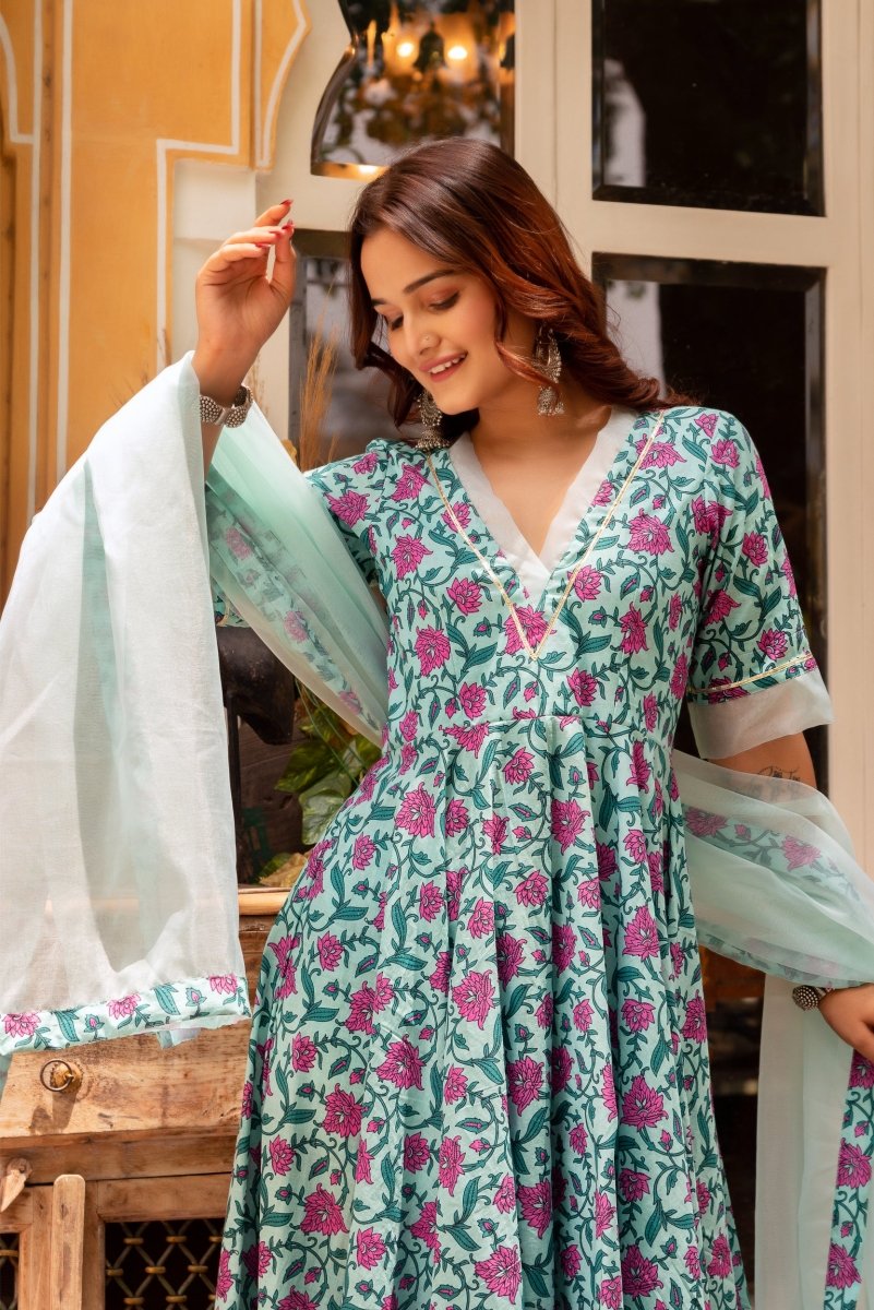 SUHNARI BLUE COTTON HAND BLOCK ANARKALI WITH ORGANZA DUPATTA - Pomcha Jaipur