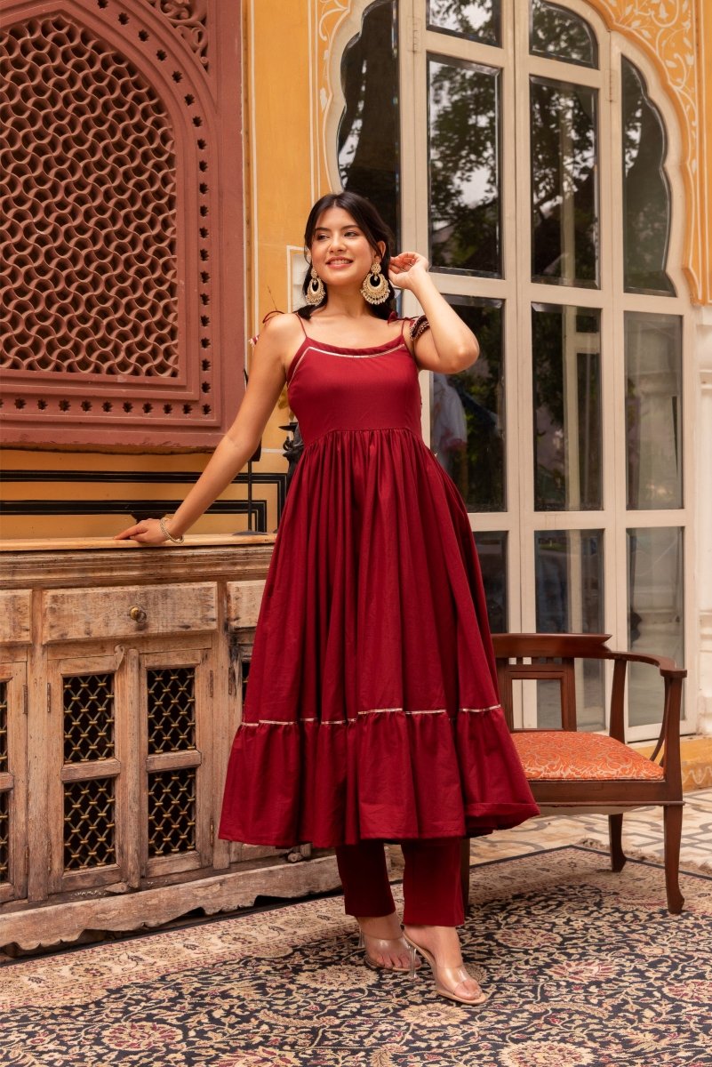 SUHNARI MAROON COTTON TIERED ANARKALI SET WITH COTTON GOTA PATTI DUPATTA - Pomcha Jaipur