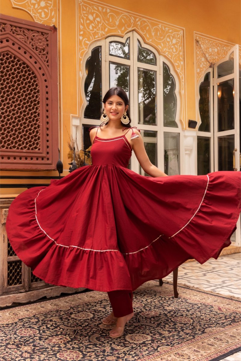 SUHNARI MAROON COTTON TIERED ANARKALI SET WITH COTTON GOTA PATTI DUPATTA - Pomcha Jaipur