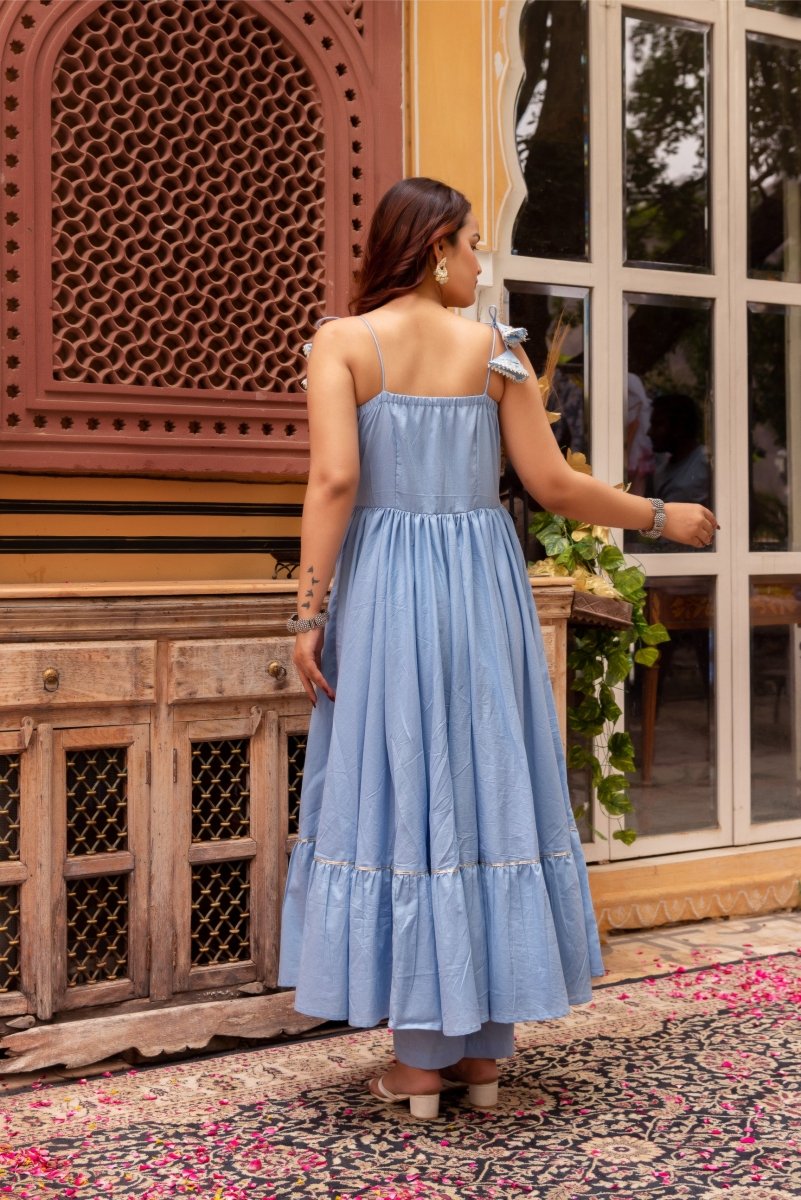 SUHNARI POWDER BLUE COTTON TIERED ANARKALI SET WITH COTTON GOTA PATTI DUPATTA - Pomcha Jaipur