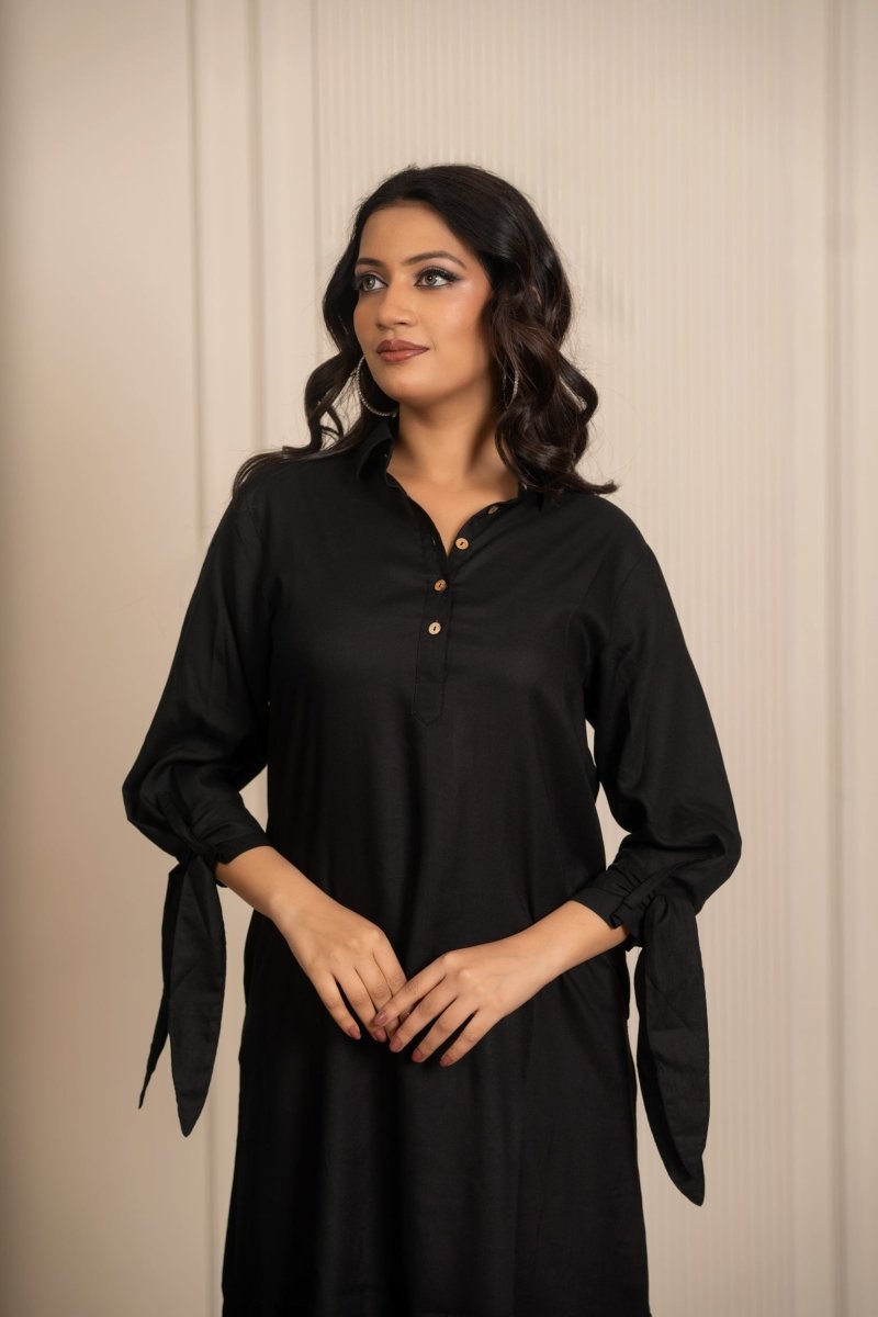 SUKOON BLACK RAYON SHIRT STYLE DRESS - Pomcha Jaipur