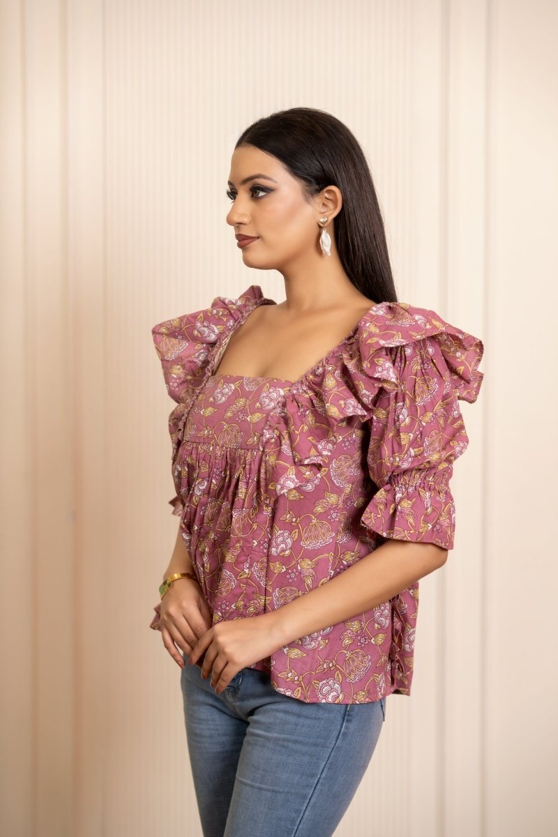 SUKOON COTTON DUSKY ROSE RUFFLE TOP - Pomcha Jaipur