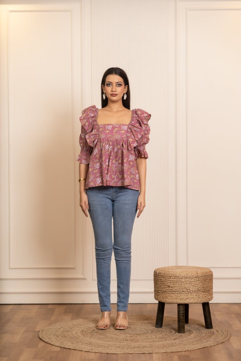 SUKOON COTTON DUSKY ROSE RUFFLE TOP - Pomcha Jaipur