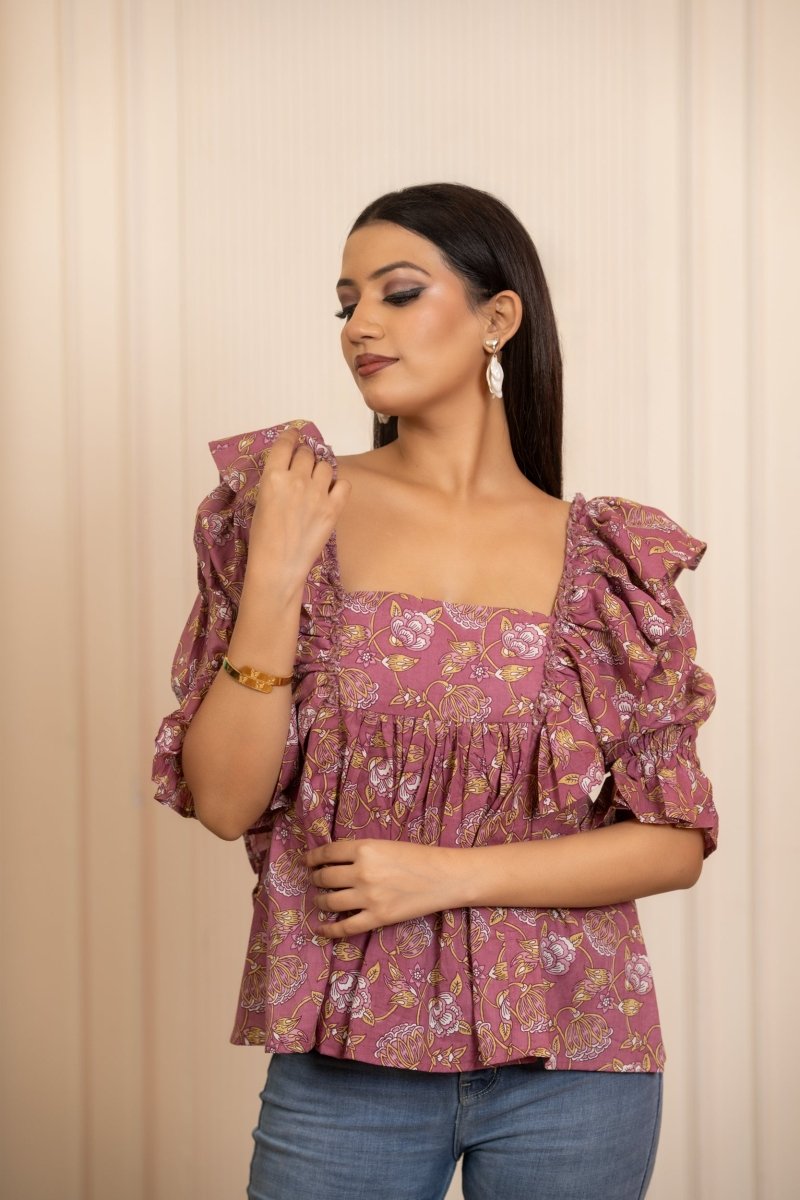 SUKOON COTTON DUSKY ROSE RUFFLE TOP - Pomcha Jaipur