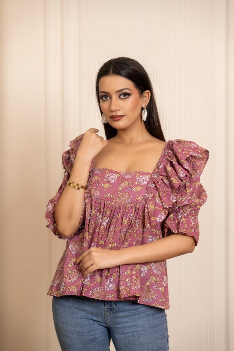 SUKOON COTTON DUSKY ROSE RUFFLE TOP - Pomcha Jaipur