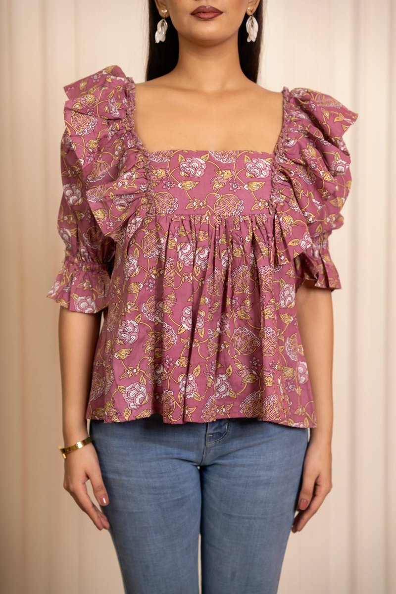 SUKOON COTTON DUSKY ROSE RUFFLE TOP - Pomcha Jaipur