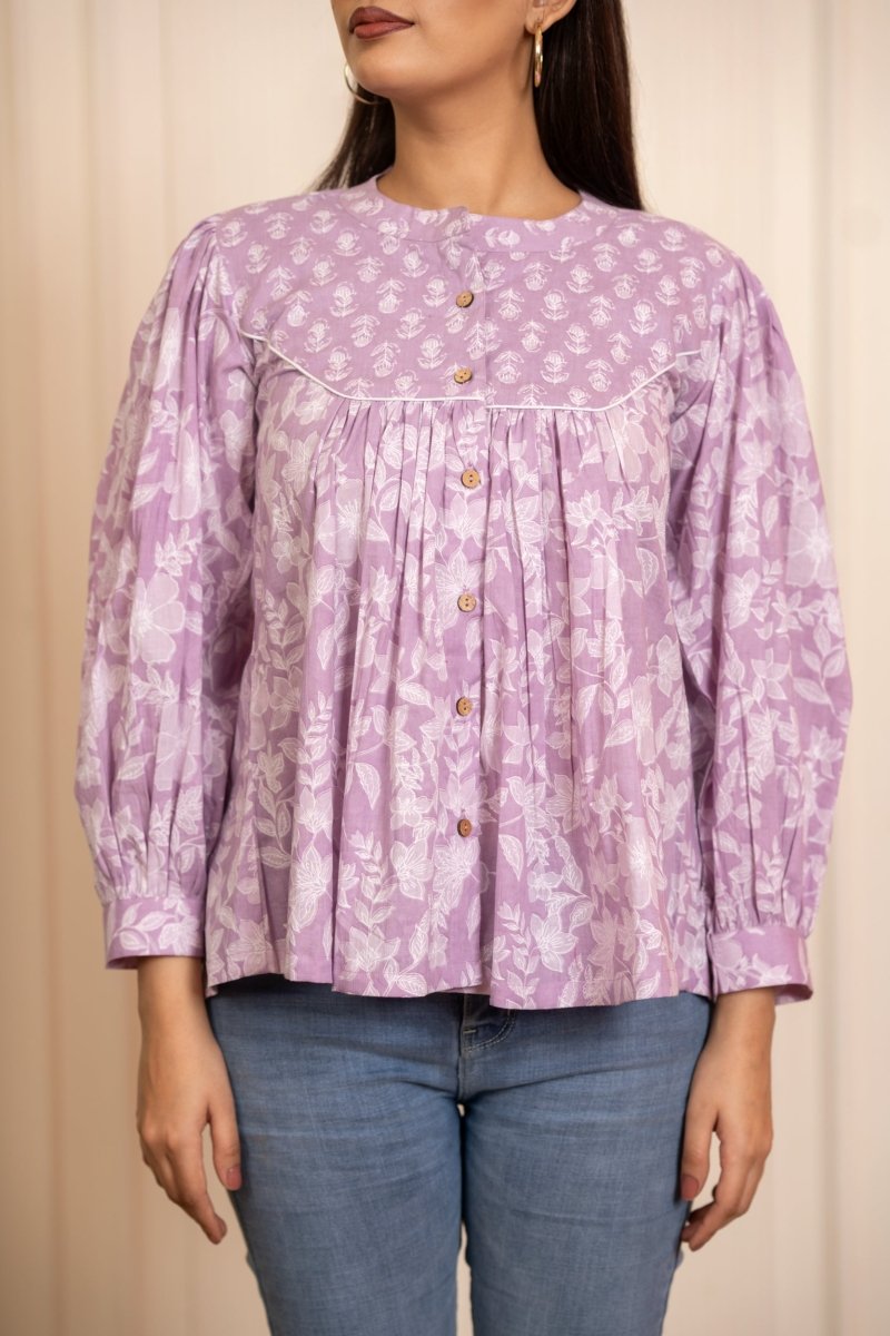 SUKOON COTTON LILAC FLORAL FLOWY TOP - Pomcha Jaipur