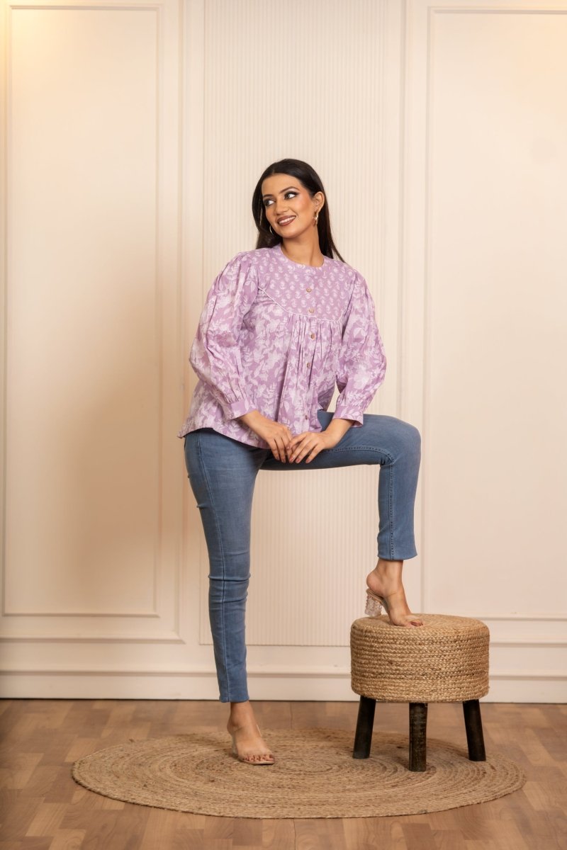 SUKOON COTTON LILAC FLORAL FLOWY TOP - Pomcha Jaipur