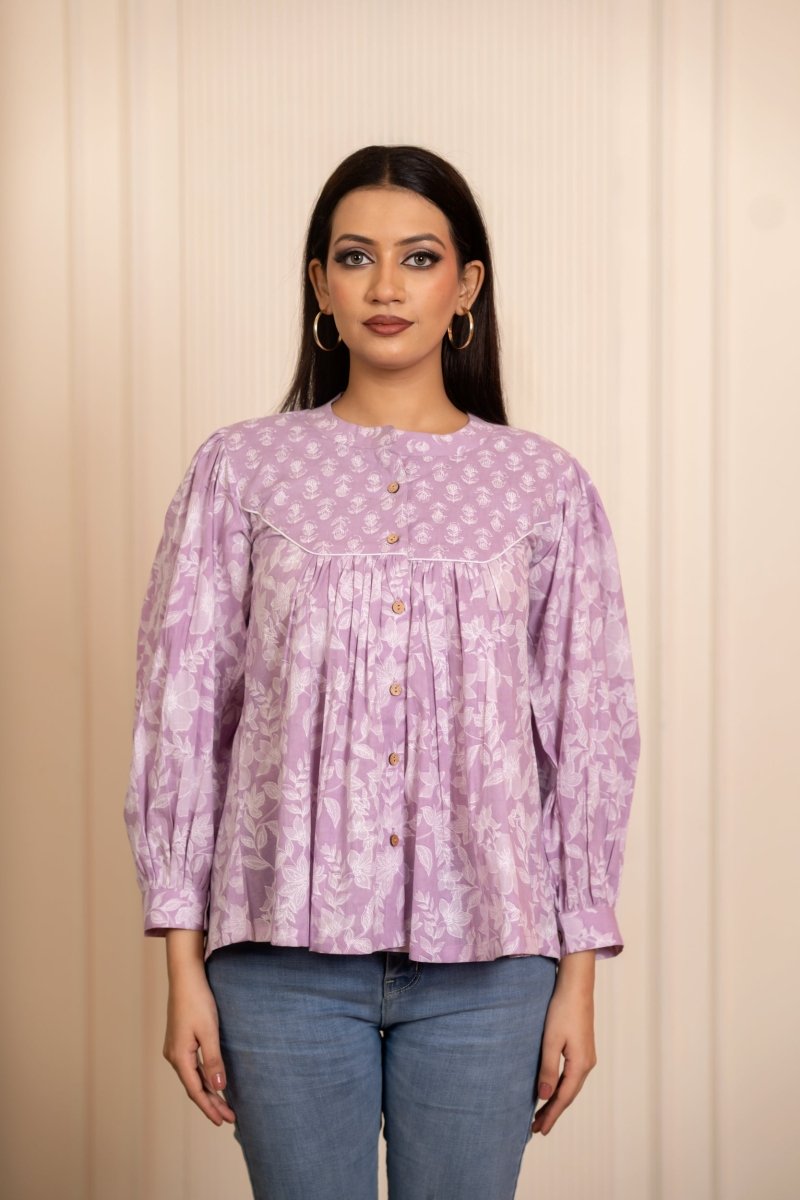SUKOON COTTON LILAC FLORAL FLOWY TOP - Pomcha Jaipur