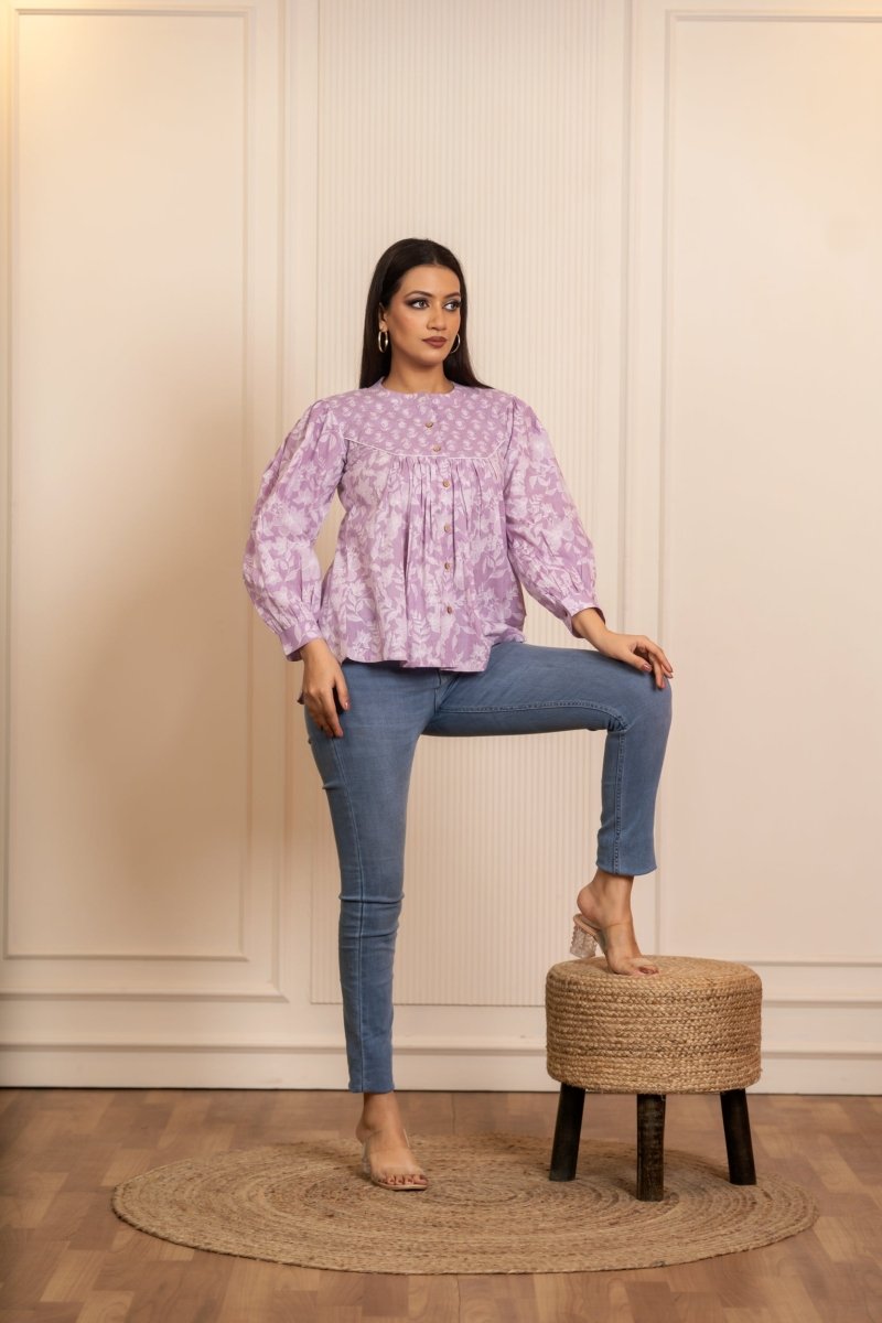 SUKOON COTTON LILAC FLORAL FLOWY TOP - Pomcha Jaipur