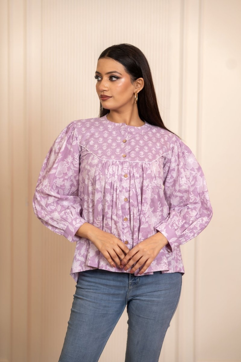 SUKOON COTTON LILAC FLORAL FLOWY TOP - Pomcha Jaipur