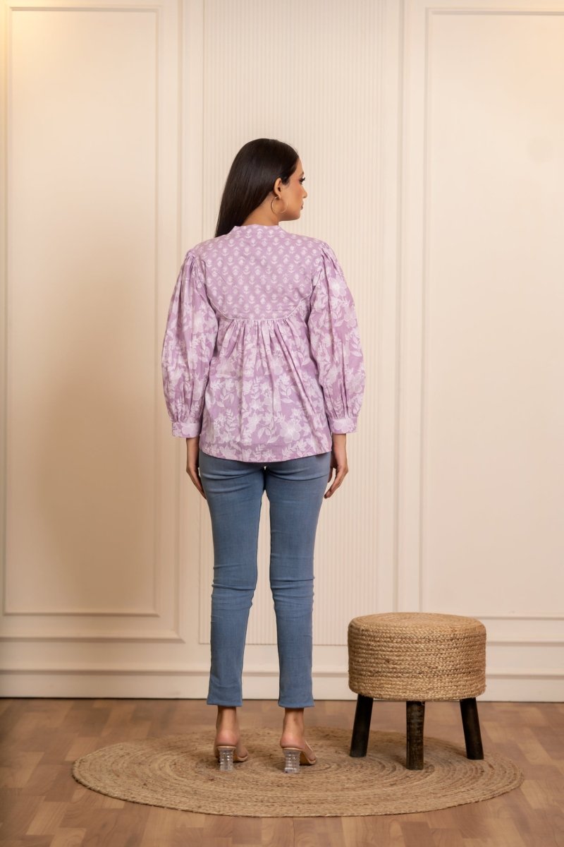 SUKOON COTTON LILAC FLORAL FLOWY TOP - Pomcha Jaipur