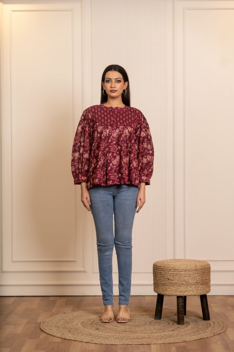 SUKOON COTTON WINE FLORAL TUNIC TOP - Pomcha Jaipur