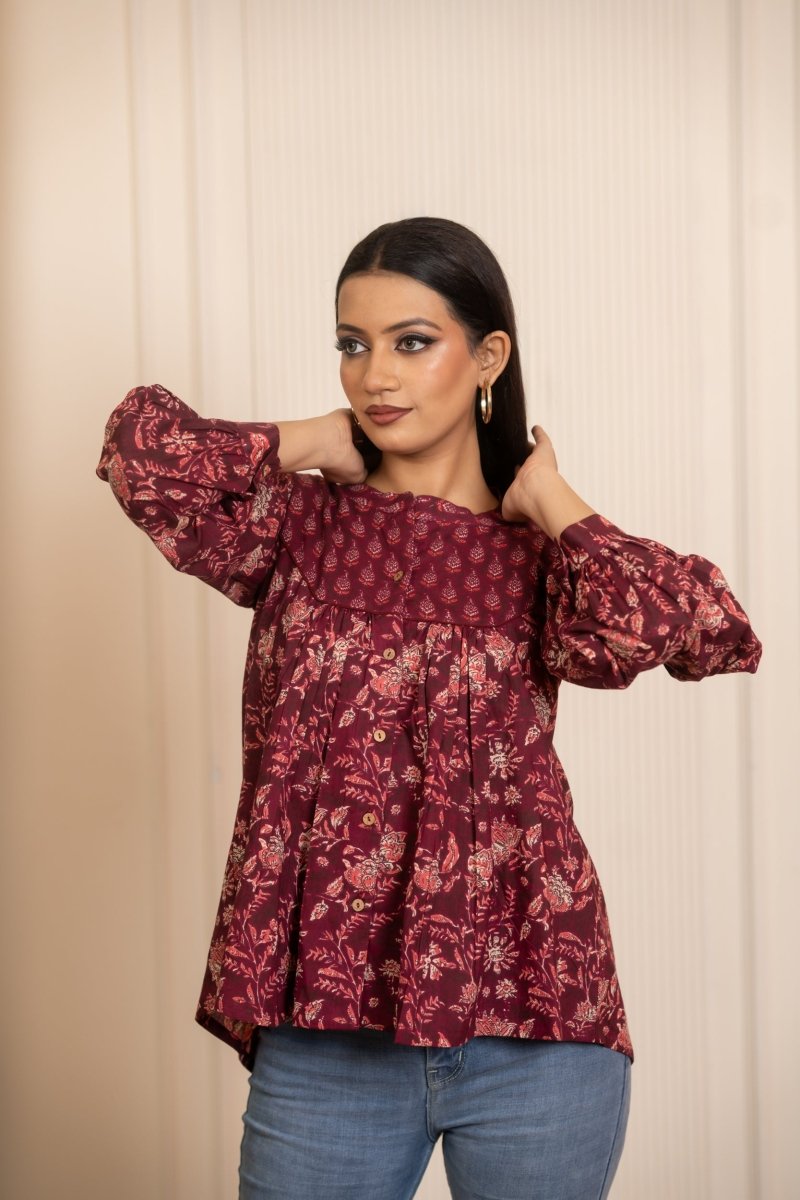 SUKOON COTTON WINE FLORAL TUNIC TOP - Pomcha Jaipur