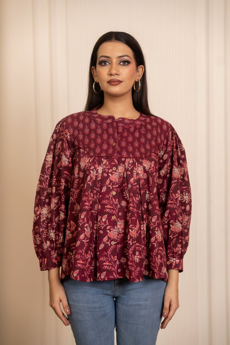 SUKOON COTTON WINE FLORAL TUNIC TOP - Pomcha Jaipur