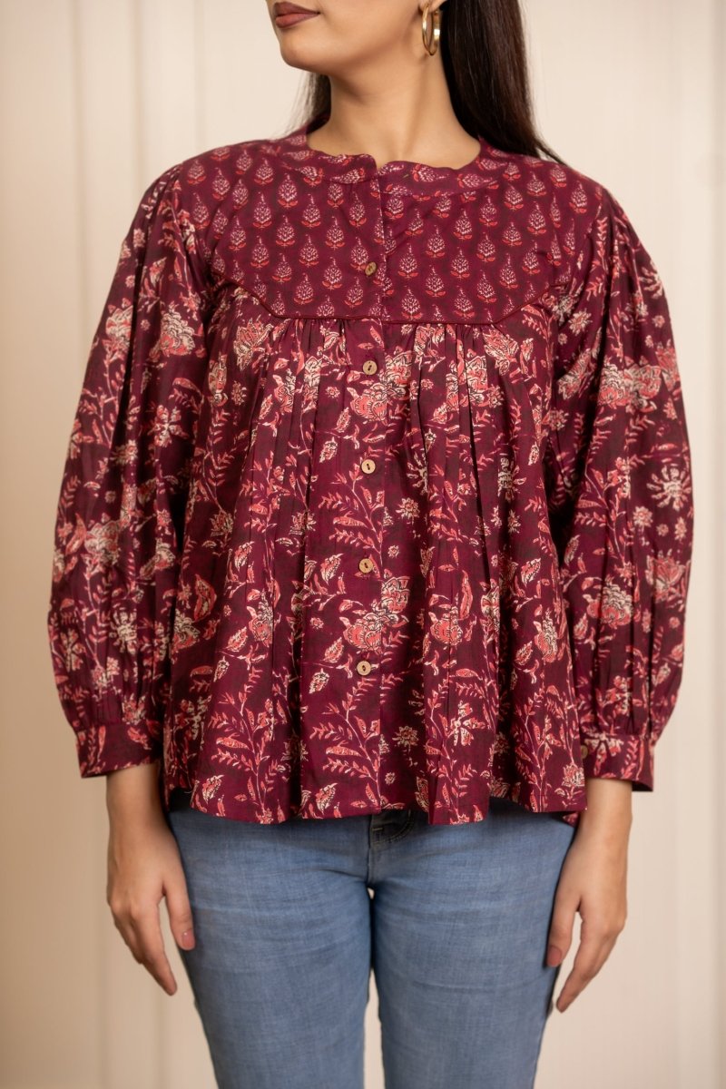 SUKOON COTTON WINE FLORAL TUNIC TOP - Pomcha Jaipur