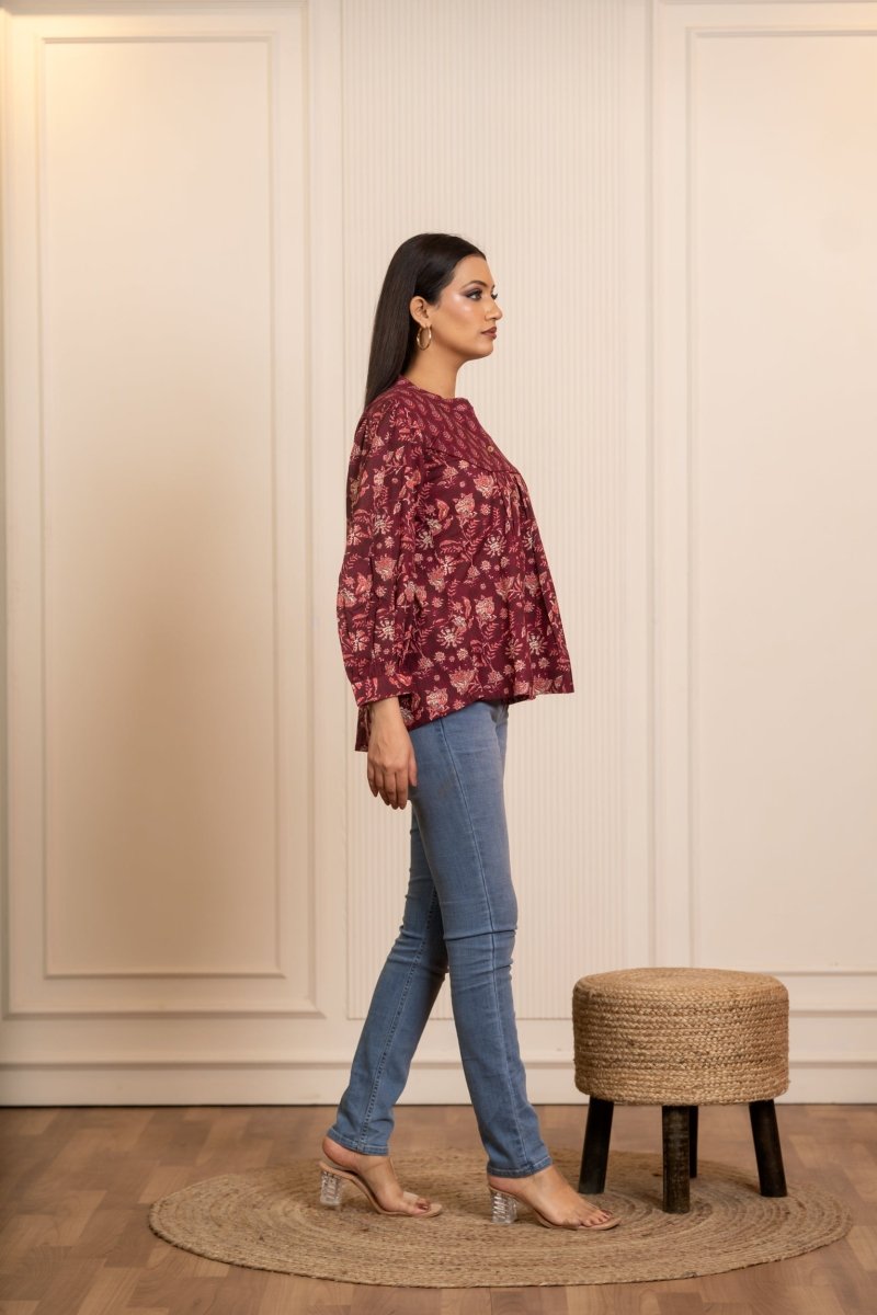 SUKOON COTTON WINE FLORAL TUNIC TOP - Pomcha Jaipur