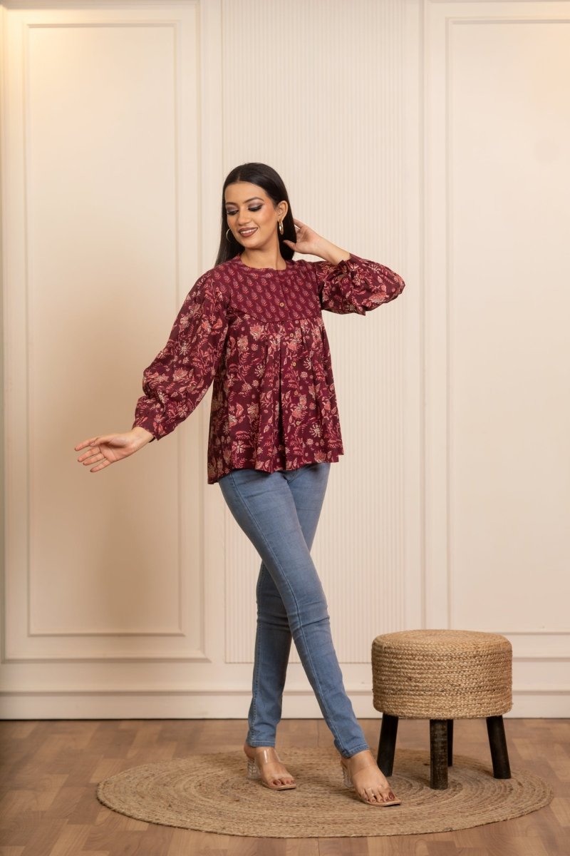 SUKOON COTTON WINE FLORAL TUNIC TOP - Pomcha Jaipur