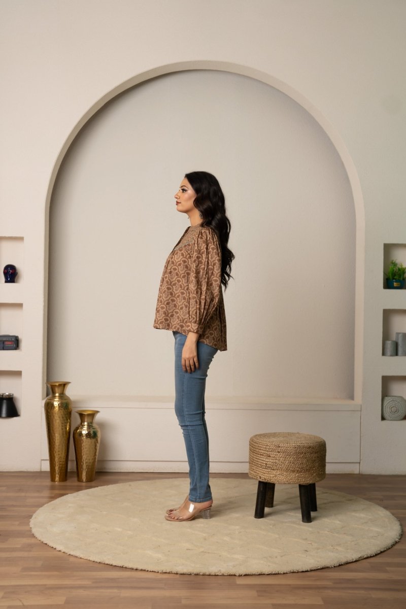SUKOON EARTH TONE BUTTON-UP HAND BLOCK COTTON TOP - Pomcha Jaipur