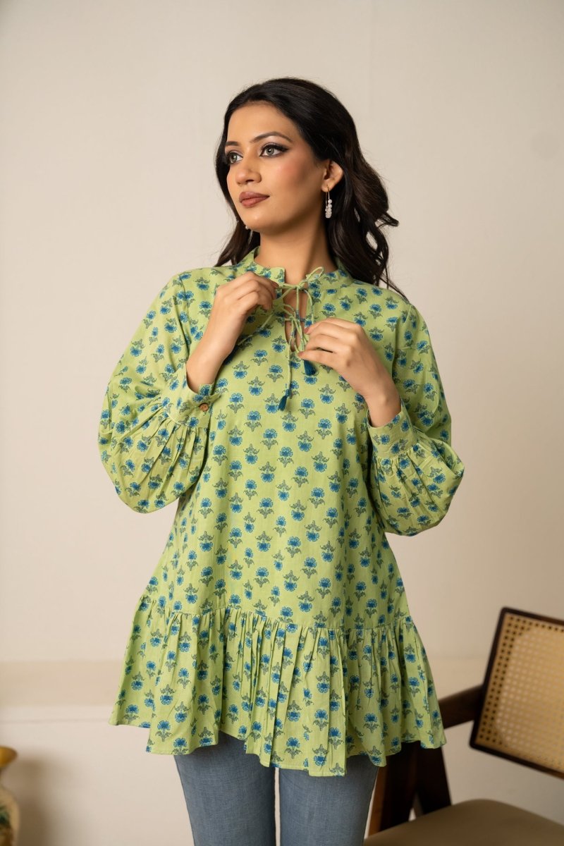 SUKOON GREEN BOHO FLORAL TIE-FRONT COTTON HAND BLOCK TUNIC - Pomcha Jaipur