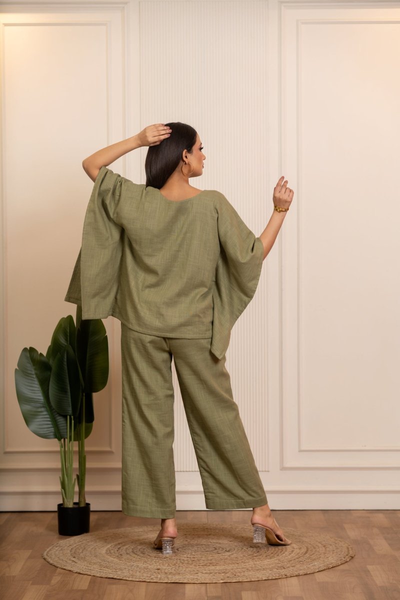 SUKOON GREEN COTTON SLUB KAFTAN STYLE CO_ORD SETS - Pomcha Jaipur