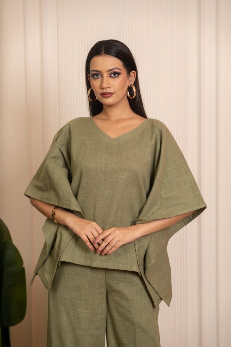 SUKOON GREEN COTTON SLUB KAFTAN STYLE CO_ORD SETS - Pomcha Jaipur